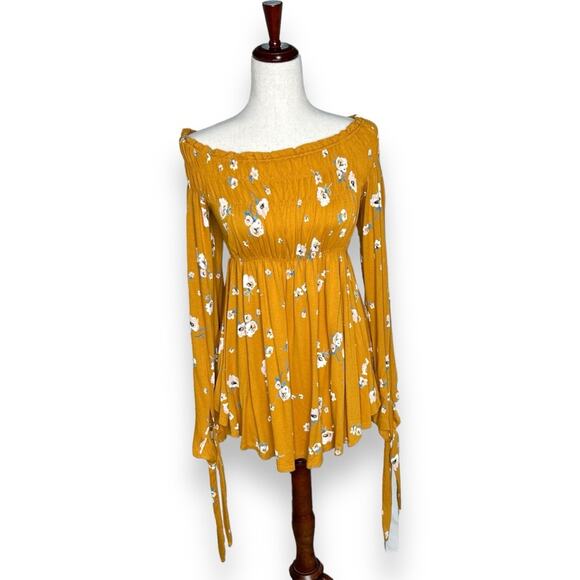 Free People Yellow Floral Long Sleeve Top Medium Marigold Off the Shoulder Tunic - Picture 2 of 8